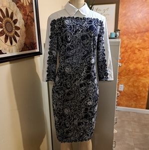 Tadashi Shoji Navy Floral Lace Sheath Dress with White Collar